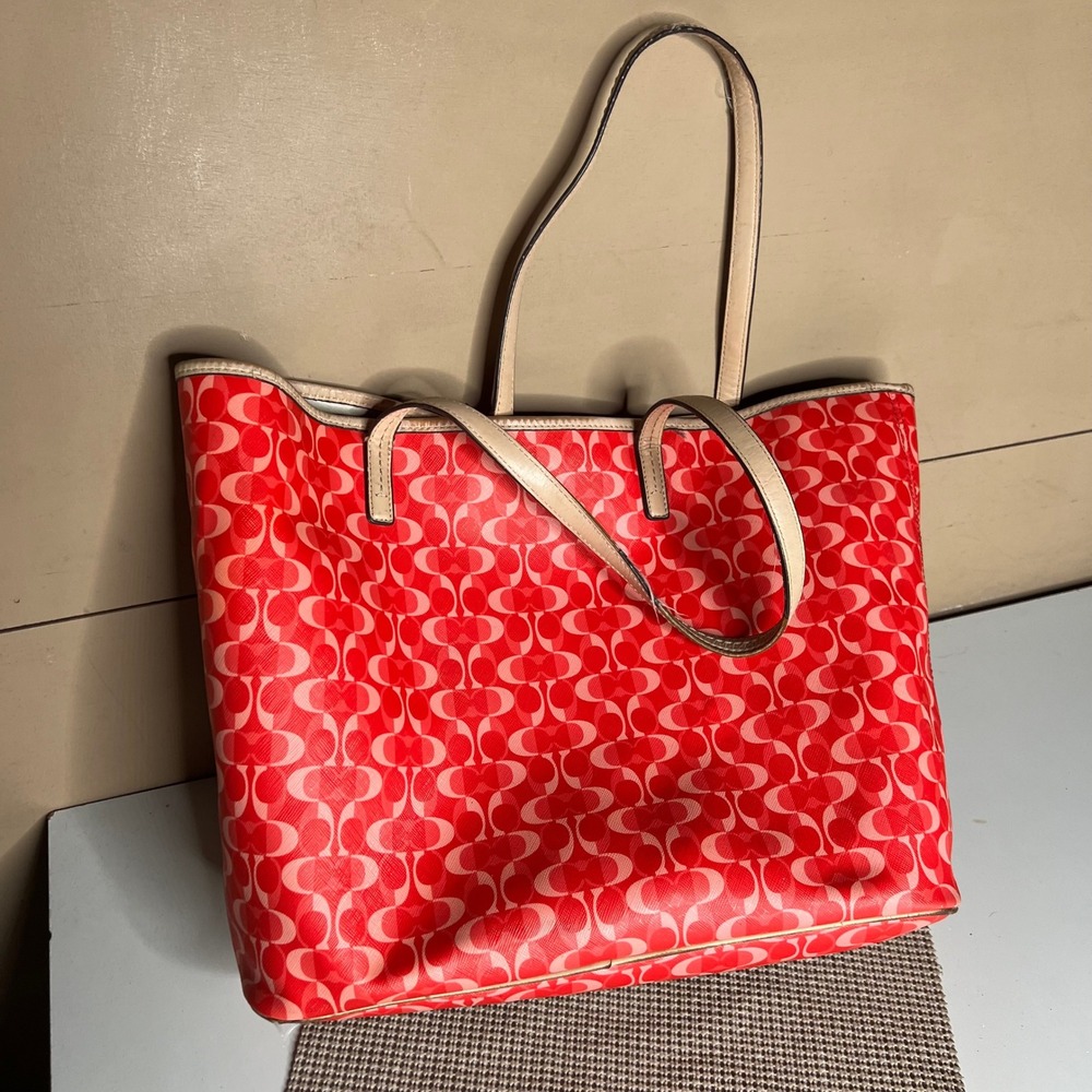 Coach Signature City Tote Red Pink Monogram PVC Leather Trim F25673